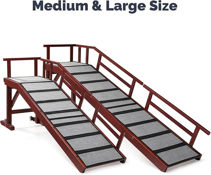 Dog Ramp for Bed or Couch, Wooden Pet Ramp with 20° Gentle Slope, Removable Side Rails, Non-Slip Surface, Top Platform & Wheels, Safe Bed Ramp for Small, Large & Senior Dogs, 74" Long, Mahogany