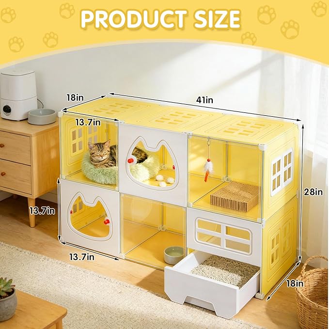 Cat Cage with Litter Box | Detachable Metal, Transparent Window, DIY Zones | Cat Enclosure Indoor Playpen for 1-3 Cats, Ferret, Small Animal Dog Cages 41" L x 18" W x 28" H