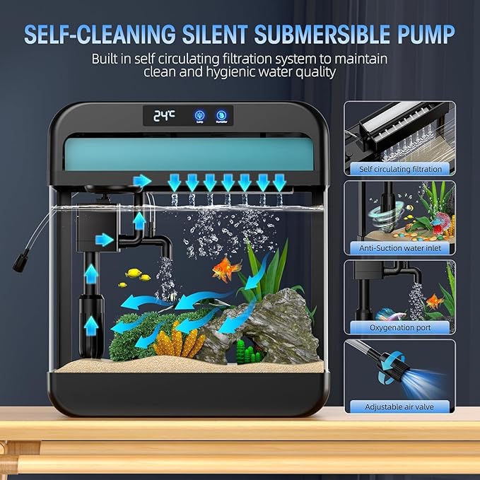 Fish Tank 2.2 Gallon,Small Fish Tanks Kits,Aquarium Fish Tank Starter Kit with 3-in-1 Silent Pump and 7 Color Led Light,with Temperature Display,for Fish,Shrimp,Betta(Black-2.2 Gallon)