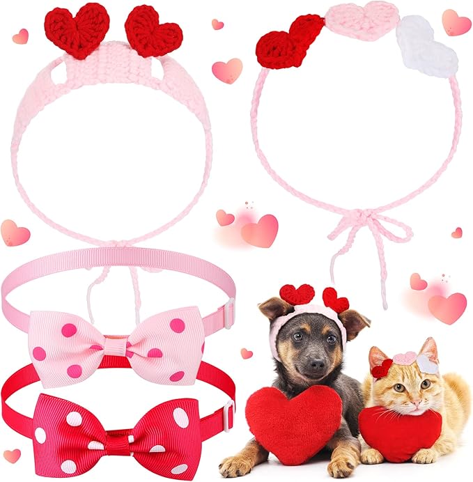 MTLEE 4 Pcs Valentines Day Heart Headband Neck Bow for Cat 2 Pet Neck Bow Cat 2 Headbands Valentines Day Headband with Ear Holes and Chin Straps Adjustable Dog Bows Tie Pink Red Heart Decor for Pets