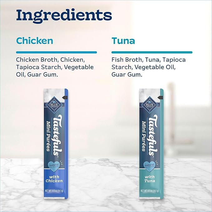 Blue Buffalo Tastefuls Mini Purées, Adult Cat Natural Single-Serving Snack, 4-Count Variety Pack Chicken and Tuna, 0.5 oz. (Pack of 1)
