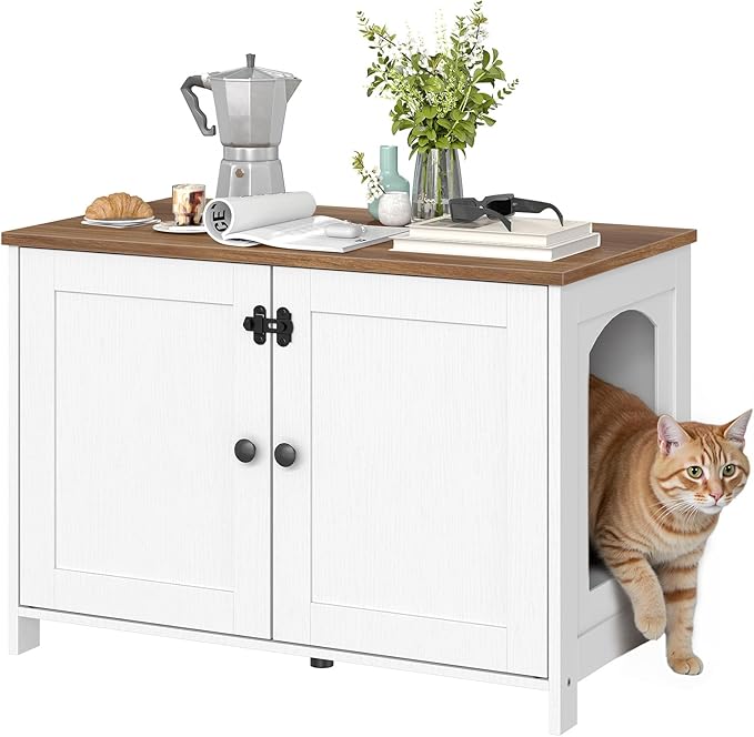 HOOBRO Litter Box Enclosure, Cat Litter Box Furniture with Removable Divider, Hidden Litter Box Furniture, Wooden Cat House, End Side Table, 31" L x 17.5" W x 19.7" H, White and Walnut WH03MW01G2