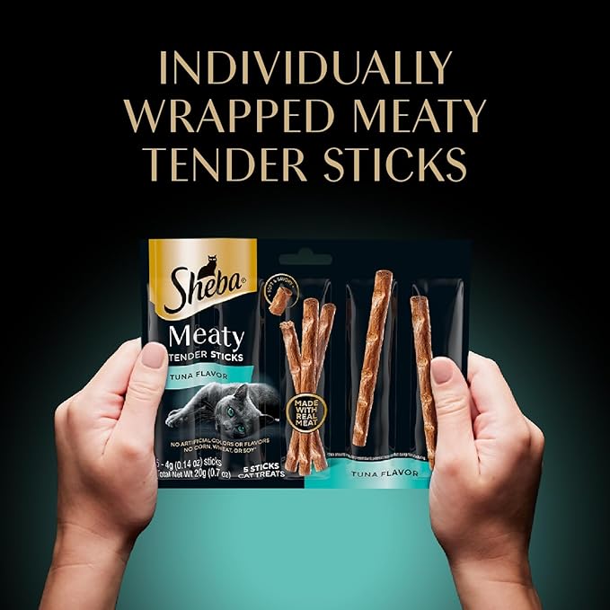 Sheba Meaty Tender Sticks Chicken Cat Treats, Tuna Flavor, Cat Snacks, 0.14 oz., 5 Count, Pack of 10 (50 Sticks Total)