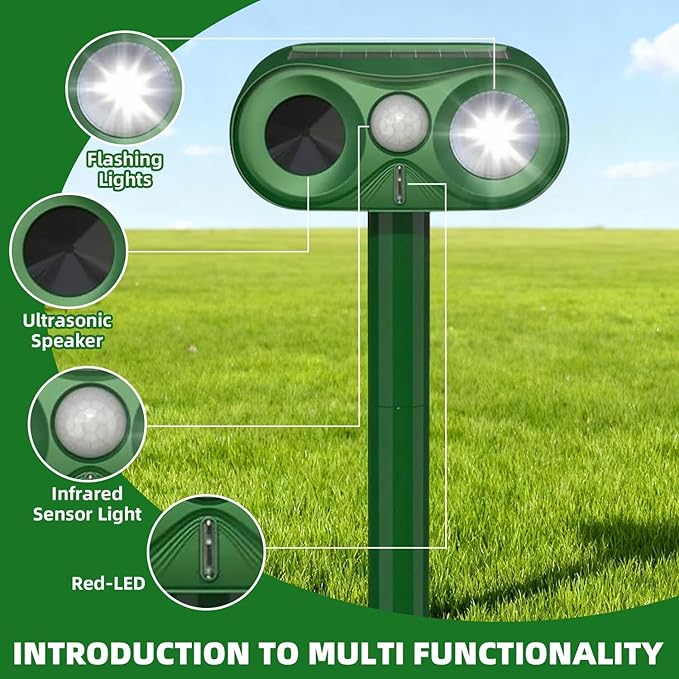 Upgraded Ultrasonic Animal Repeller,Solar Powered Cat Repellent Outdoor,Deer Deterrent with LED Flashing Motion,Sensor and Sound,Waterproof Bird Repeller for Rabbit,Fox,Squirrel,Olive