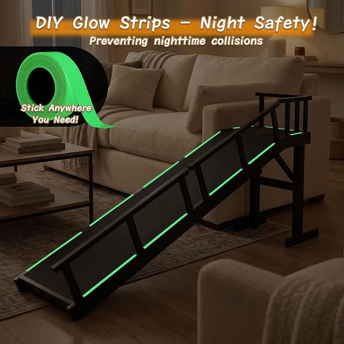 73" Dog Ramp for Bed,Birchwood Pet Ramp with Removable Side Rail and Non-Slip Surface, Pet Ramp for Small & Large Dogs with Rest Platform and DIY Glow Strips,Dog Stairs for Couch, Black