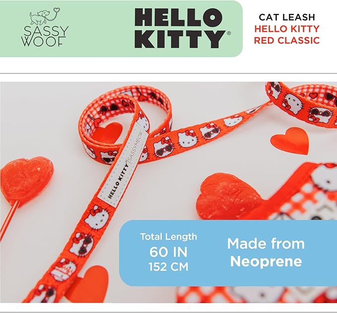 Sassy Woof Hello Kitty® Red Classic Cat Leash 60-Inch with Patented Design and Neoprene Padded Handle – Comfortable, Durable, and Stylish for Cats