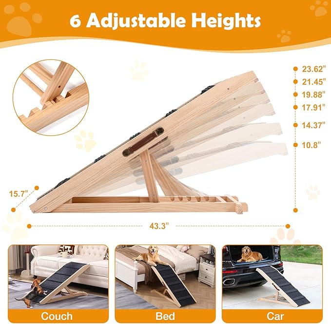 43" Long Dog Ramp with Landing Platform for Bed, Couch & Car - 6 Level Adjustable Height (10.8" to 23.6"), Foldable Wooden Pet Ramp with Non-Slip Surface, for Small, Medium & Old Dogs Up to 140 LBS