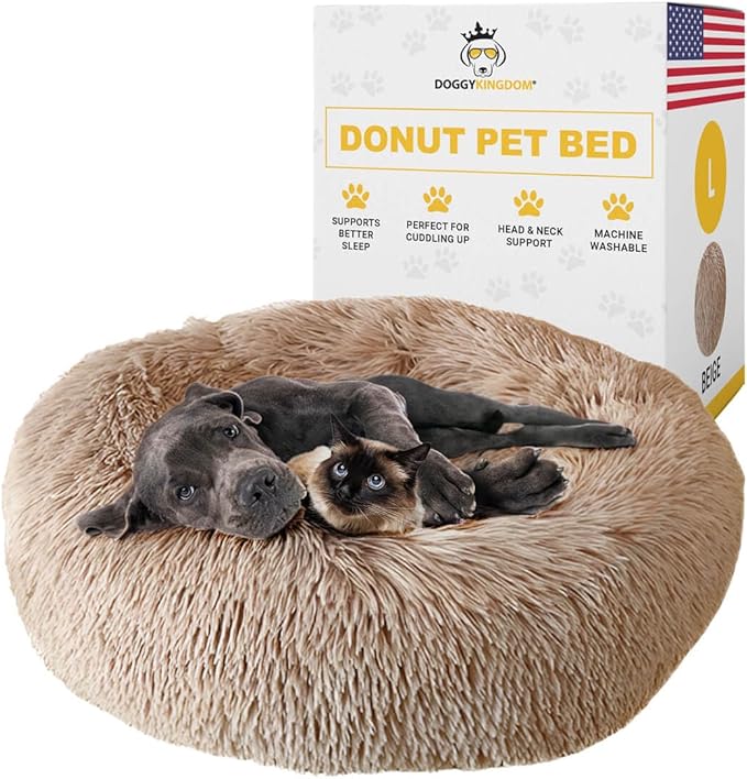 Calming Round Donut Dog Bed Pillow, Washable, Anti Anxiety, Anti-Slip, Cozy Soft Cuddler Comfort Bed with Fluffy Plush Faux Fur for Large Medium Small Sized Dog - Beige, L 35 inch
