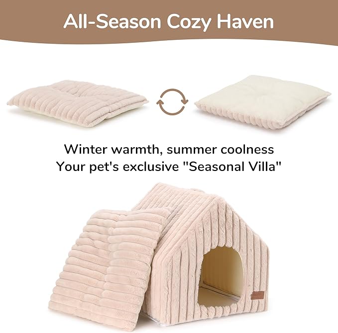 FUKUMARU Cat Houses for Indoor Cats, Washable Cute Cat Bed Cave with Removable Pillow, Large Semi-Enclosed Cozy Dog House Indoor, Soft Faux Rabbit Fur Kitten Bed, 17.5-Inch Cat Hideaway, Pink Grey