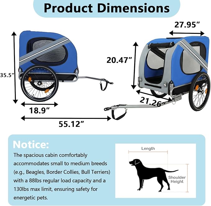 Large Dog Trailer for Bike, Folding Bike Trailer for Dogs with 18.9" Wheels, 120LB Capacity All-Terrain Pet Carrier, Universal Bicycle Coupler
