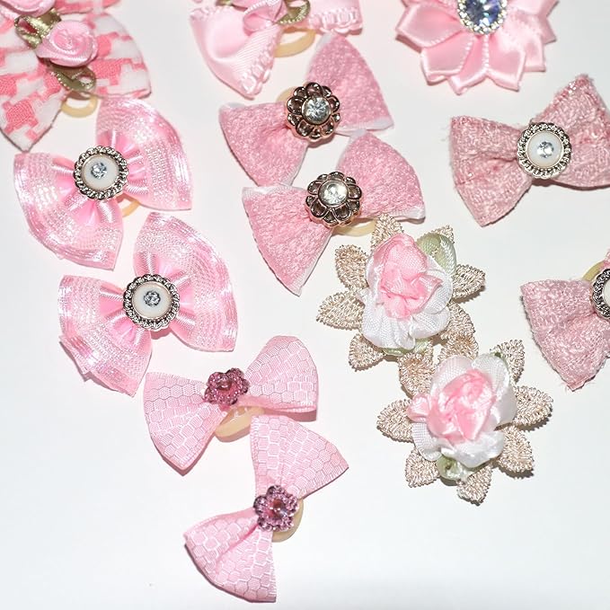 Dog Hair Bows, 16 Pink Pieces with Rhinestones and Pearls, Pet Fashion Accessories