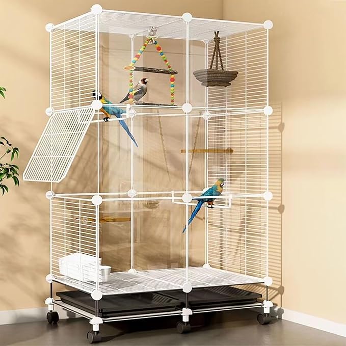 49 Inch 3-Tier Big Bird Cage with Food & Water Bowls Parakeet Bird Cage with Stand, Wheels Metal Birdcage Parrot Cage for Parakeet, Lovebirds, Ringneck, Cockatiels (Clear, 3-Tier-Roofless)