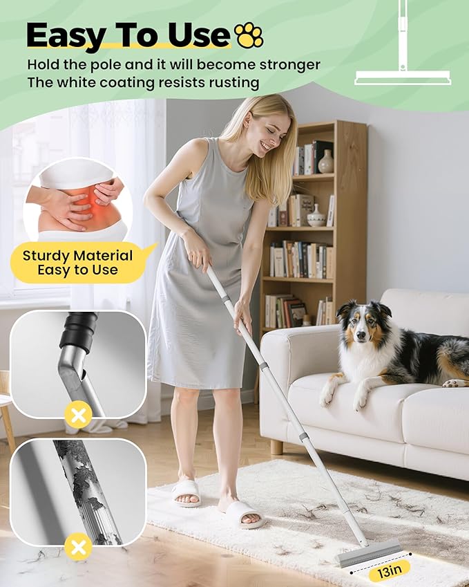 Carpet Rake for Pet Hair Removal Tool - 4 in 1 Pet Hair Remover Kit for Dog Cat Fur Remover, Contain 60" Adjustable Rubber Broom, Glove, Magic Brush and Scraper for Home Furniture, Rugs, Mats