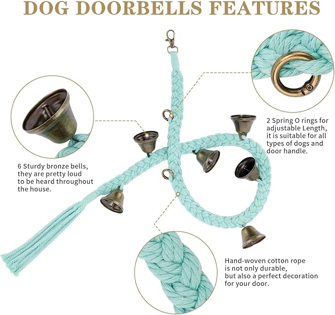 2 Pack Dog Bells for Door Potty Training, Handwoven Cotton Rope Dog Doorbell with 6 Extra Loud Bells, Adjustable Dog Door Bells for Small Medium Large Dogs to Ring to Go Outside, LightGreen