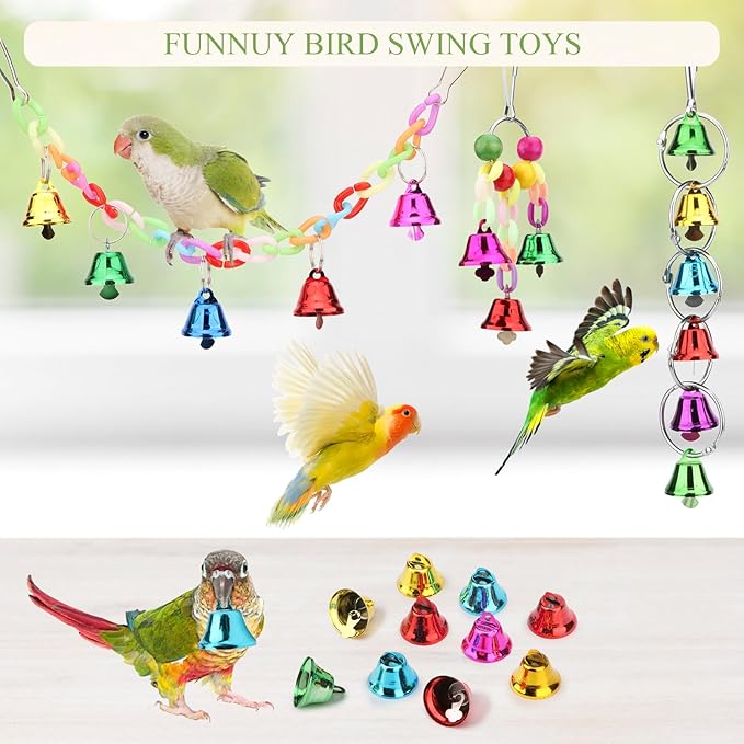 Hypeety Parrot Chew Toys Swing Colorful Bells Chandelier Bird Hanging Toy Parrot Cage Craft Toys Cages African Grey Conure Cockatiel 4PCS Set