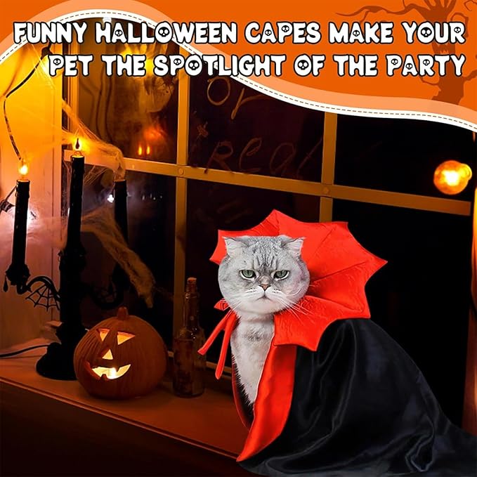 Cat Halloween Costumes, Vampire Cloak Cape Costume Clothes, Cat Bat Mask with Cloak, Red Black Pet Accessories Outfit Decor Cowl for Small Dogs, Halloween Party Pet Cosplay