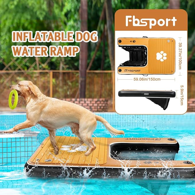 FBSPORT Inflatable Dog Boat Ramp Floating Dock Water Ladder for Pool, Boat, Non-Slip EVA Floating Ladder Pool Ramp for Dog Up to 220 LBs, Safe & Easy Access