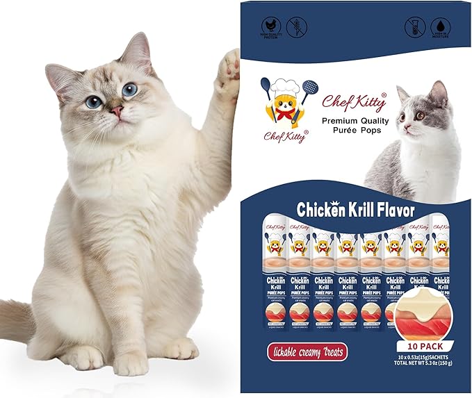 Cat Treats Lickable | Grain-Free Cat Food Toppers, High Protein | Creamy Puree Squeeze Ups with Vitamin E & Taurine, Digestible Formula | 0.5 oz. Each Tube, Chicken with Krill Recipe | 10 Tubes