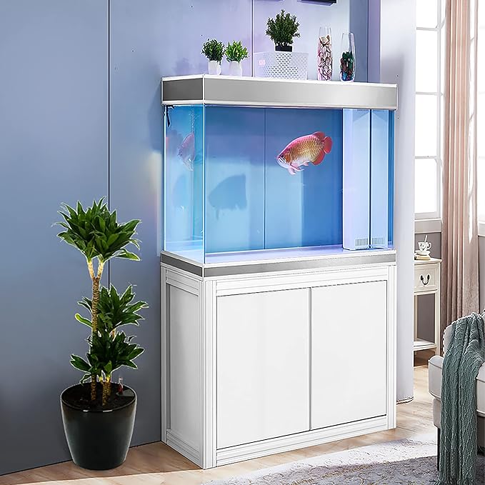 100 Gallon Glass Aquarium with Aluminum Cabinet - Including Sump for Filtration and Circulation, Plumbing, LED, White