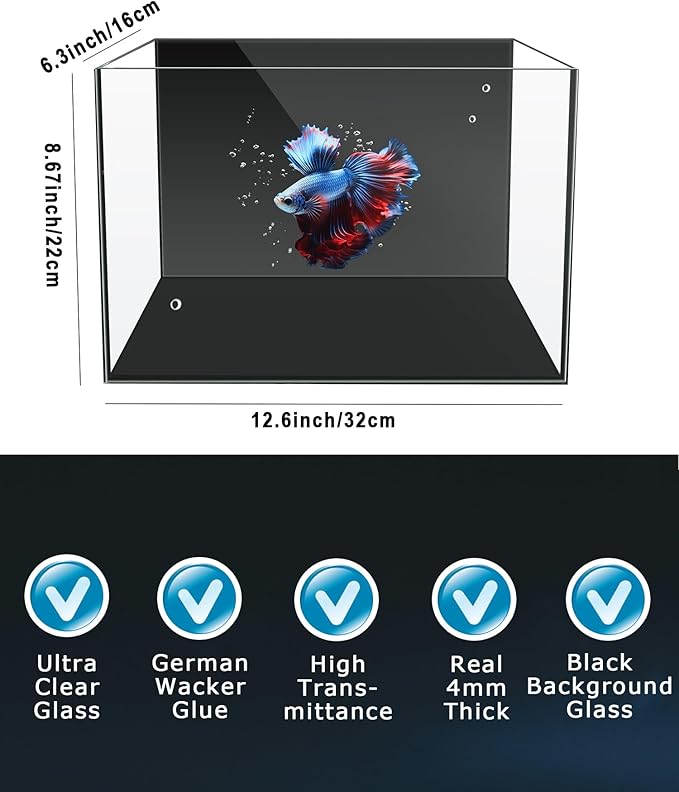 Fish Tank, 3 Gallon Ultra-Clear Glass Fish Aquarium, with Separator Plate for Betta, Fish Tank Starter kit with Filter and Led Light, Black