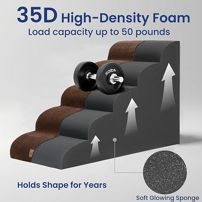 gogobunny Ramp Cat Dog Stairs for Beds, Cat Slope Stairs with Durable Waterproof Fabric Cover, Pet Steps for Old Large Dogs Climbing (Brown, 5-Step (33" D x 15.7" W x 22.6" H), 5.0)