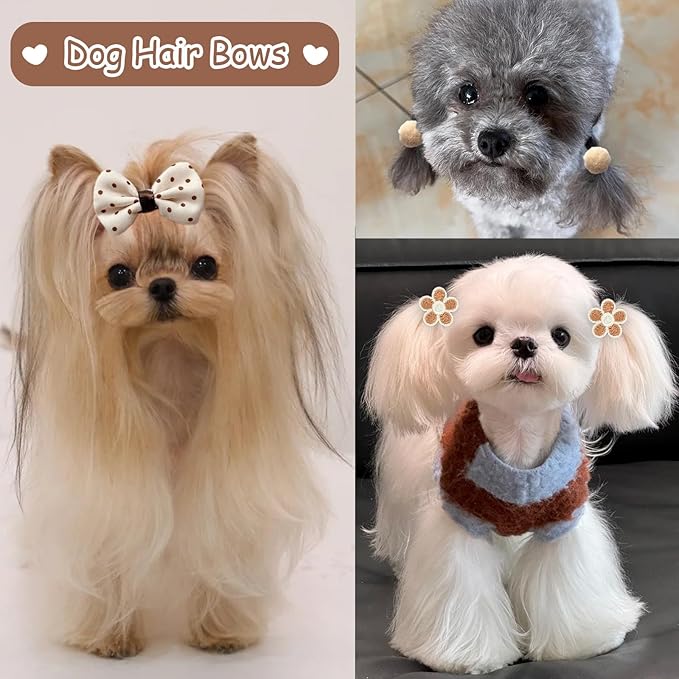 20 Pcs Small Dog Hair Bows with Rubber Bands Handmade Puppy Hair Bows Cute Grooming Flower Ball Bowknot Top Knot Dog Hair Accessories Hair Ties for Yorkie Maltese Pet (Brown)