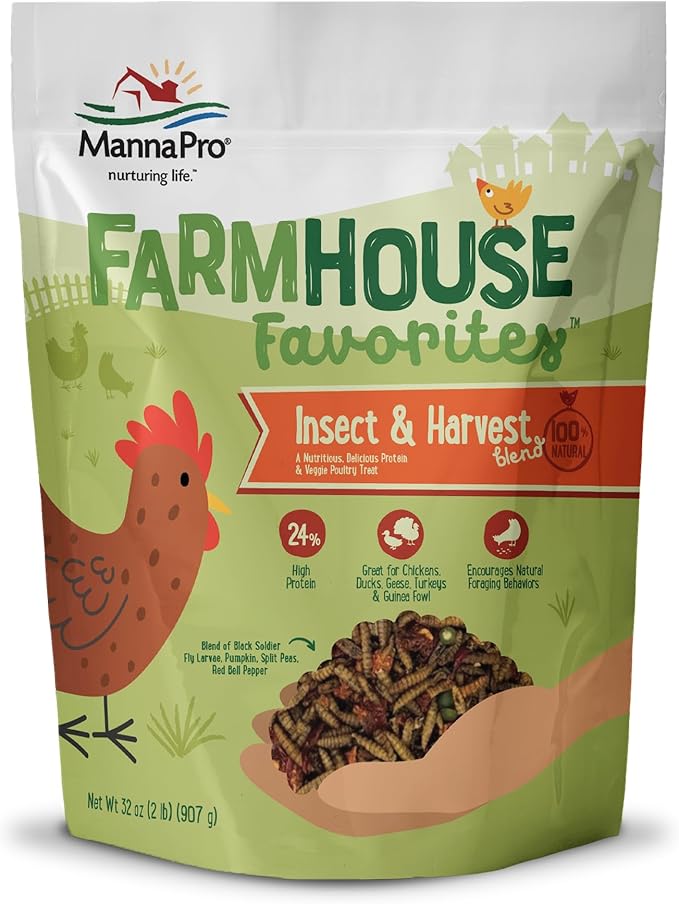 Manna Pro Farmhouse Favorites Insect & Harvest Blend with Black Soldier Fly Larvae, 100% Natural Protein & Veggie Treat for Chickens, Ducks, Turkeys & Wild Birds, 24% Protein Poultry Snack, 2lb