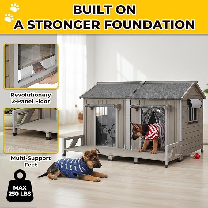 59" L Extra Large Dog House Outdoor for 2 Dogs, XL Wooden Dog House Pet Shelter Weatherproof with 2 Window, Openable Roof, All-Around Iron Frame, Removable Floor, Balcony for Large Small Dogs