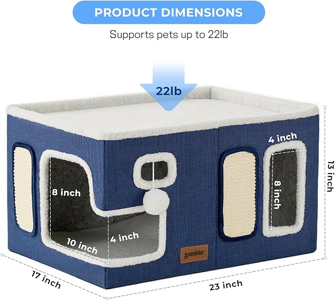 Extra-Wide Cat House for Indoor Cats - Large Cat House for Pet with Fluffy Ball Hanging and Scratch Pad, Foldable Cat Hideaway for Multi Cats, 23x16.5x13 inches, Navy