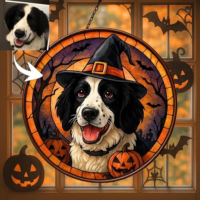 Personalized Witch Dog Stained Glass Catcher, Custom Dog Photo Halloween Stained Glass Window Hanging Ornament, Pet with Pumpkin Window Hanging Decor, Unique Fall & Halloween Decoration /19