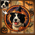 Personalized Witch Dog Stained Glass Catcher, Custom Dog Photo Halloween Stained Glass Window Hanging Ornament, Pet with Pumpkin Window Hanging Decor, Unique Fall & Halloween Decoration /19