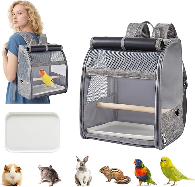 Bird Carrier Backpack,Breathable & Portable,Pet Travel Cage with Upgraded Tray and Standing Perches,Lightweight Foldable Birds Travel Cage for Hiking Camping,for Small Birds, Green Cheek