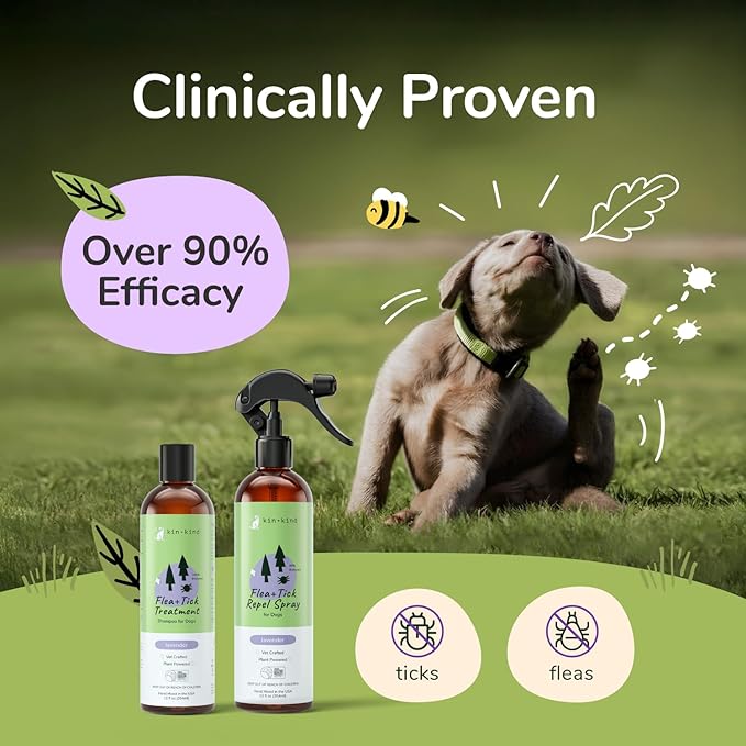 kin+kind Dog Shampoo Flea and Tick Vet Formulated - Natural Flea and Tick Prevention for Dogs - Plant Powered Shampoo w/Coconut & Olive Oil - Dog Supplies - Lavender Scent - Made in USA 12 fl oz