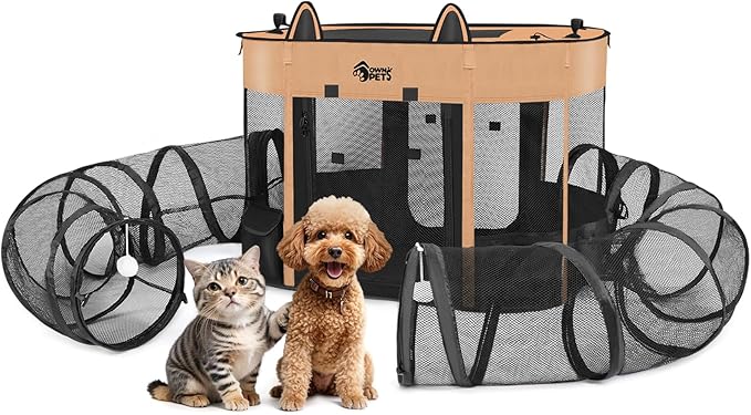 Ownpets Portable Cat Playpen with Removable Tunnel, Foldable Puppy Play Pen, Indoor Outdoor Cat Enclosure Pet Tent for Cats, Dogs and Small Pets
