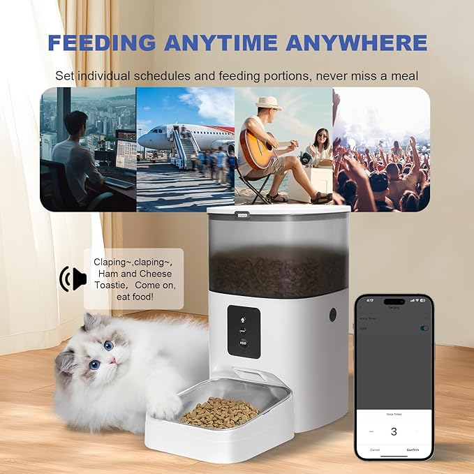 Automatic Cat Feeder, 4L Food Dispenser with 10s Voice Recorder, Pet Feeder up to 10 Meals per Day, Timed Cat Feeder with Dry Food Sealed Ring