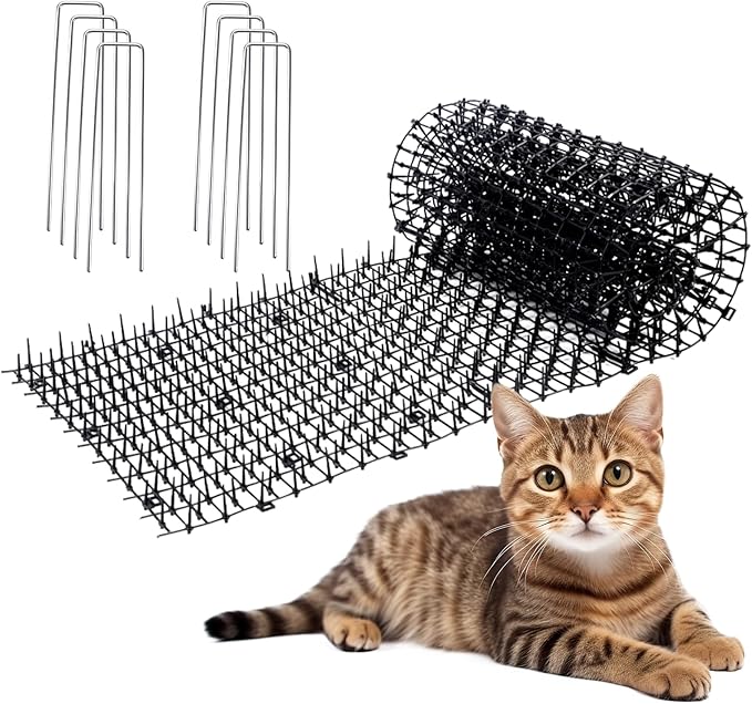 10ft Cat Scat Mat with Spikes Outdoor, Scat Mats for Dogs, Includes 8 Garden Staples