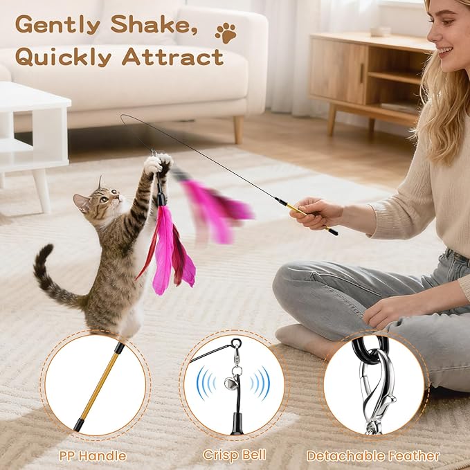 Pawaboo Feather Teaser Cat Toy, Interactive Wands Cats Toy Flying Feathers Cat Catcher with Extra Long 34.5" Wand and Small Bell, Playing Toys, 1 Wand + 6 Feathers, Multi-Color Feather Blend