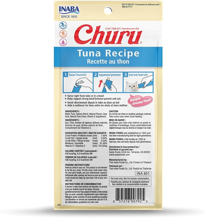 INABA Churu Cat Treats, Creamy Lickable Purée Cat Treat with Vitamin E, 0.5 Ounces Each Tube, 4 Tubes, Tuna Recipe