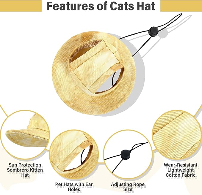DENTRUN Cat Hats for Cats Only, Cat Cowboy Hats with Ear Holes Tiny Pets Birthday Party Costume, Cat Headwear Mini Cowboy Hat, Funny Sombrero Kitten Hat Chihuahua Beanie Cap Party Decorations