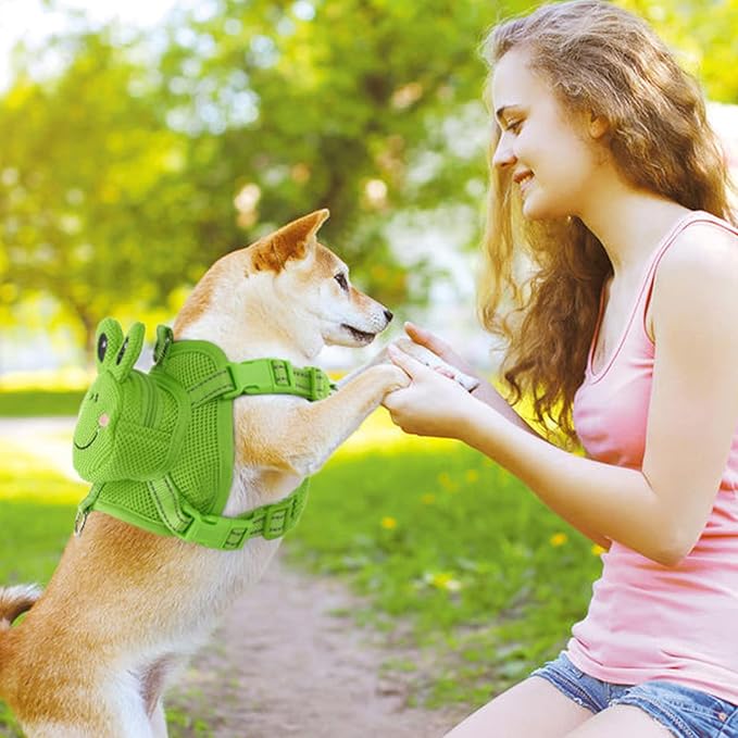 Dog Harness with Backpack, Adjustable Dog Backpack Harness for Small Medium Dogs, No-Pull Breathable Backpacks for Dogs to Wear, for Traveling, Hiking, Camping, Training, Green Frog M