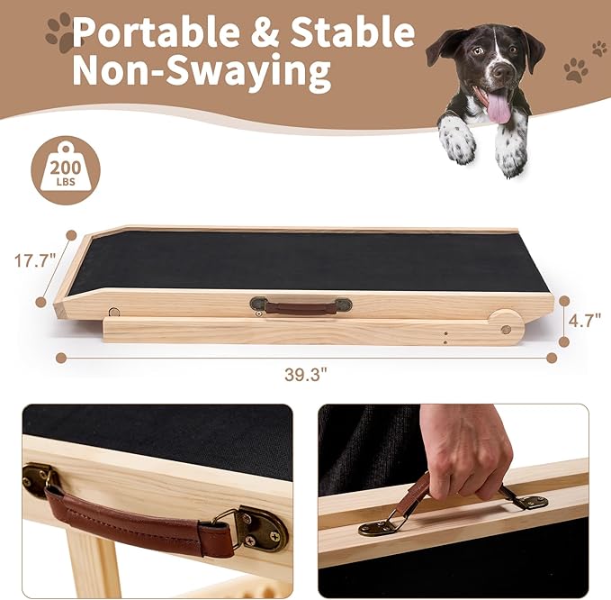 SLSY Dog Ramp for Bed, Couch & Car, Foldable Pet Ramp for Small Dogs and Cats, 4 Adjustable Heights 13.7''–19.6", Portable Stable Wooden Pet Steps with Non-Slip Pad for Sofa or Stairs(Natural)