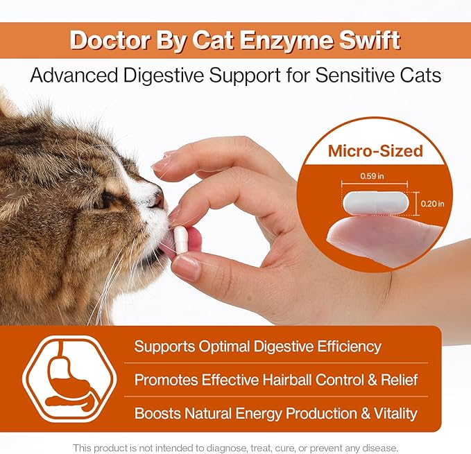 Doctor By Cat Enzyme Swift Cat Digestive Enzyme Supplement Vomiting Diarrhea, Loss of Appetite, Hairball with Pancreatine, Papain, Bromelain, Micro-Size for Easy Swallowing, 60 Sprinkle Capsules