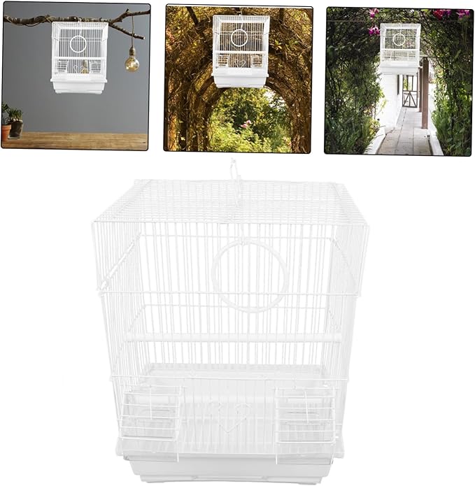 Generic Portable Metal Bird Carrier Cage for Parakeets Cockatiels and Birds Lightweight Travel Cage with Enhanced Airflow Wire Construction Stylish White Design for Home and Outdoor Use