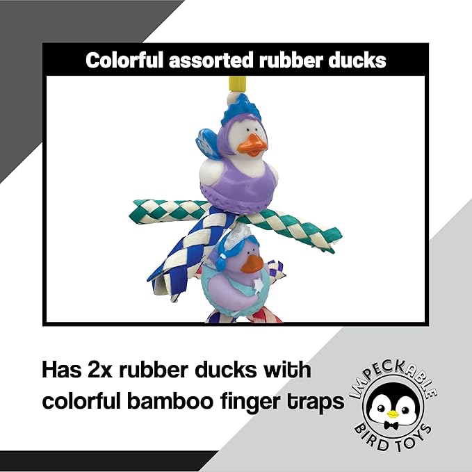 951 Double Duck Trap Bird Toy 9" - Handmade Foraging Bamboo Finger Traps & Rubber Ducks - Shredding & Chewing Cage Accessory for Conure, Parakeet, Lovebird & Cockatiel - Interactive Enrichment