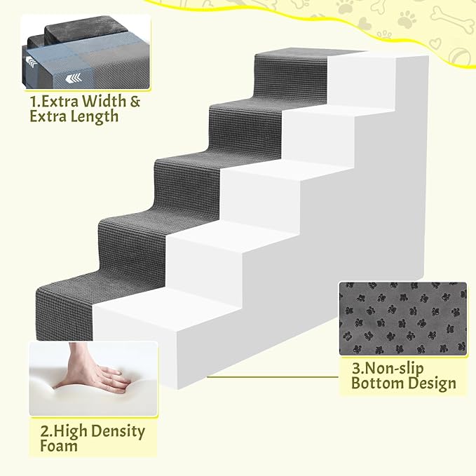 Niubya Dog Stairs for Small Dog and Cats,23”H Non-Slip Bottom Pet Steps for High Beds and Couch,Extra Wide High-Density Foam Pet Stairs Grey,5 Steps