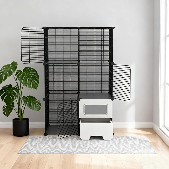 Cat Cage Indoor with Litter Box 3-Tier DIY Cat Crate Detachable Metal Wire Kennel Crate Large Exercise Place Ideal for Kitten