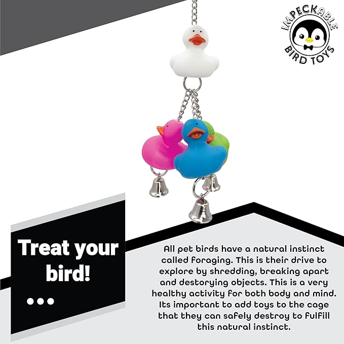 922 Rainbow Duck Ringer Bird Toy 8" - Handcrafted Hanging Rubber Ducky Cage Accessory with Bells for Budgies, Conures Lovebirds & Cockatiels - Interactive Sensory Play & Foraging Fun for Small Parrots
