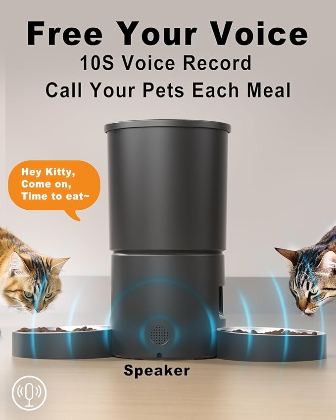 Automatic Cat Feeder for 2 Cats,6 Meals/Day,12 Portions/Meal,Dual Power Double Bowls,Dry Pet Food Autofeeder,10S Voice Record,Flexible Programmable Schedule Timer