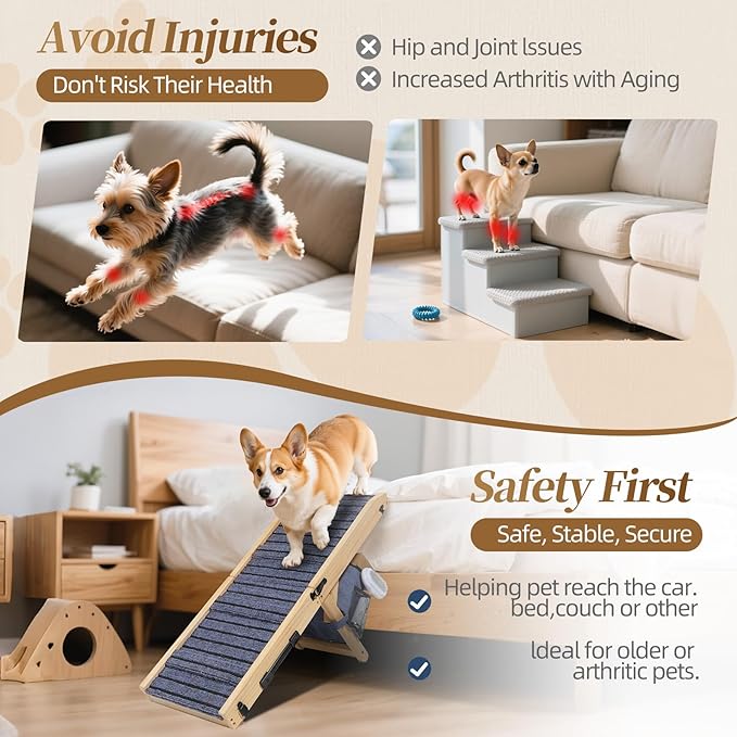 2026 Upgraded Dog Ramp for Couch & Low Bed, 33" L Folding Wood Pet Ramp 200LB Capacity, 4-Level Adjustable Height 11"-20", Non-Slip Sturdy Puppy Ramp for Small & Senior Dogs, Joint Relief, Wavy Design