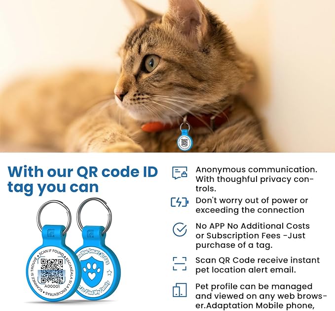 Silicone Cat Tags Personalized Small for Pet Collars, QR Code Cat Name Tags, Scan Location Alerts, Blue S